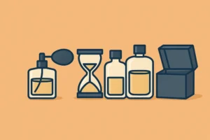 Illustration of cologne bottles, an hourglass, and a storage box on a warm background, visually exploring the question: does perfume expire.