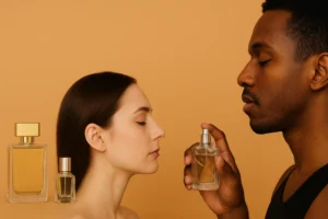Two individuals with closed eyes testing perfume on skin against a soft peach background, visually exploring why do perfumes smell different on different people?